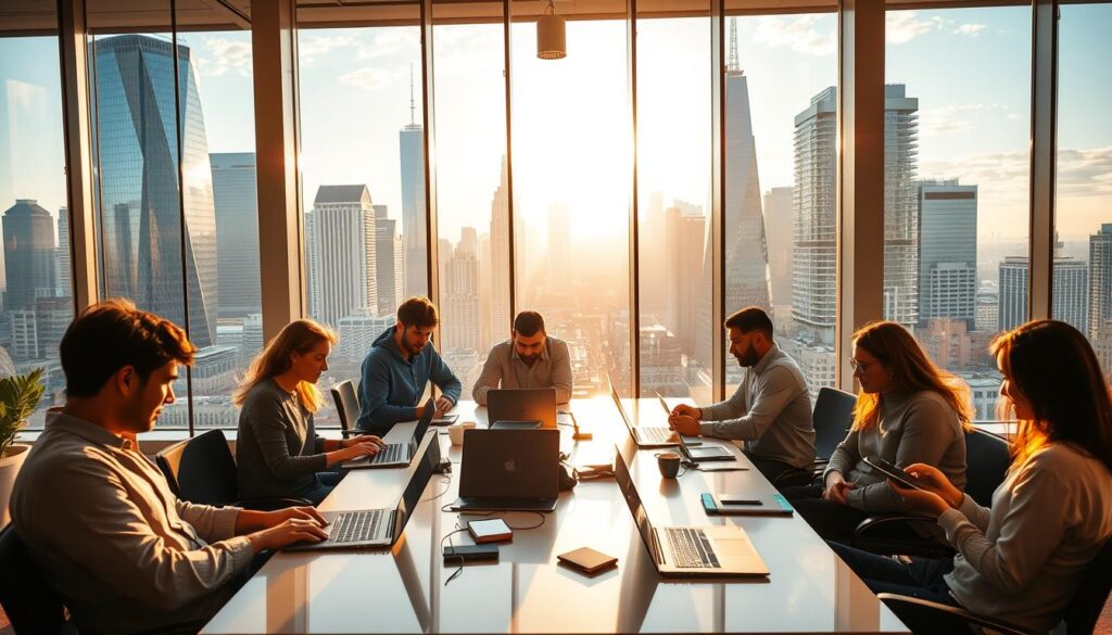 A bustling remote work tech hub, bathed in warm, golden sunlight. In the foreground, a group of people in casual attire collaborate intently around a sleek, modern conference table, laptops and tablets in hand. The middle ground features an open-concept office space, with floor-to-ceiling windows offering panoramic views of a vibrant cityscape. The background depicts a striking skyline of towering, glass-and-steel skyscrapers, creating a sense of urban sophistication. The atmosphere is one of productivity, innovation, and a dynamic, connected workforce, perfectly capturing the essence of a thriving remote work culture.