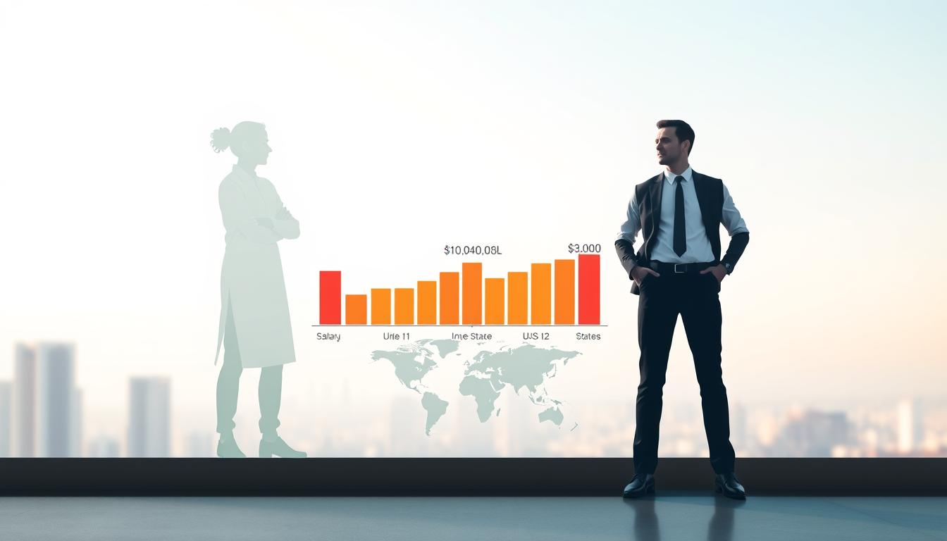 A comparative data visualization depicting the cost-effective salaries of skilled full-stack developers in India versus the United States. A clean, minimalist infographic-style image set against a bright, airy backdrop. The foreground features two abstract human silhouettes representing developers, one in an Indian attire and the other in a US business casual outfit. Between them, a horizontal bar chart illustrates the significant salary gap, with crisp data visualization elements and clear labeling. The middle ground showcases a subtle world map, highlighting the geographic contrast. The background conveys a sense of professional opportunity and global connectivity through a soft, blurred cityscape. Rendered in a modern, data-driven aesthetic to effectively convey the cost advantages of hiring Indian developers.