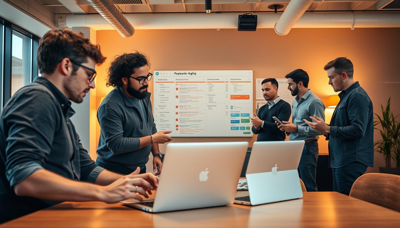 A diverse team of agile software developers collaborating in a modern, well-lit open office space. In the foreground, three developers huddle around a laptop, gesturing animatedly as they discuss a project. In the middle ground, a pair of engineers review code on a large wall-mounted display, while a product manager takes notes. In the background, a scrum board tracks the team's progress on user stories. Warm task lighting illuminates the space, creating a focused, productive atmosphere. The scene conveys the dynamic, iterative nature of agile software development, with the team working together seamlessly to deliver high-quality code.