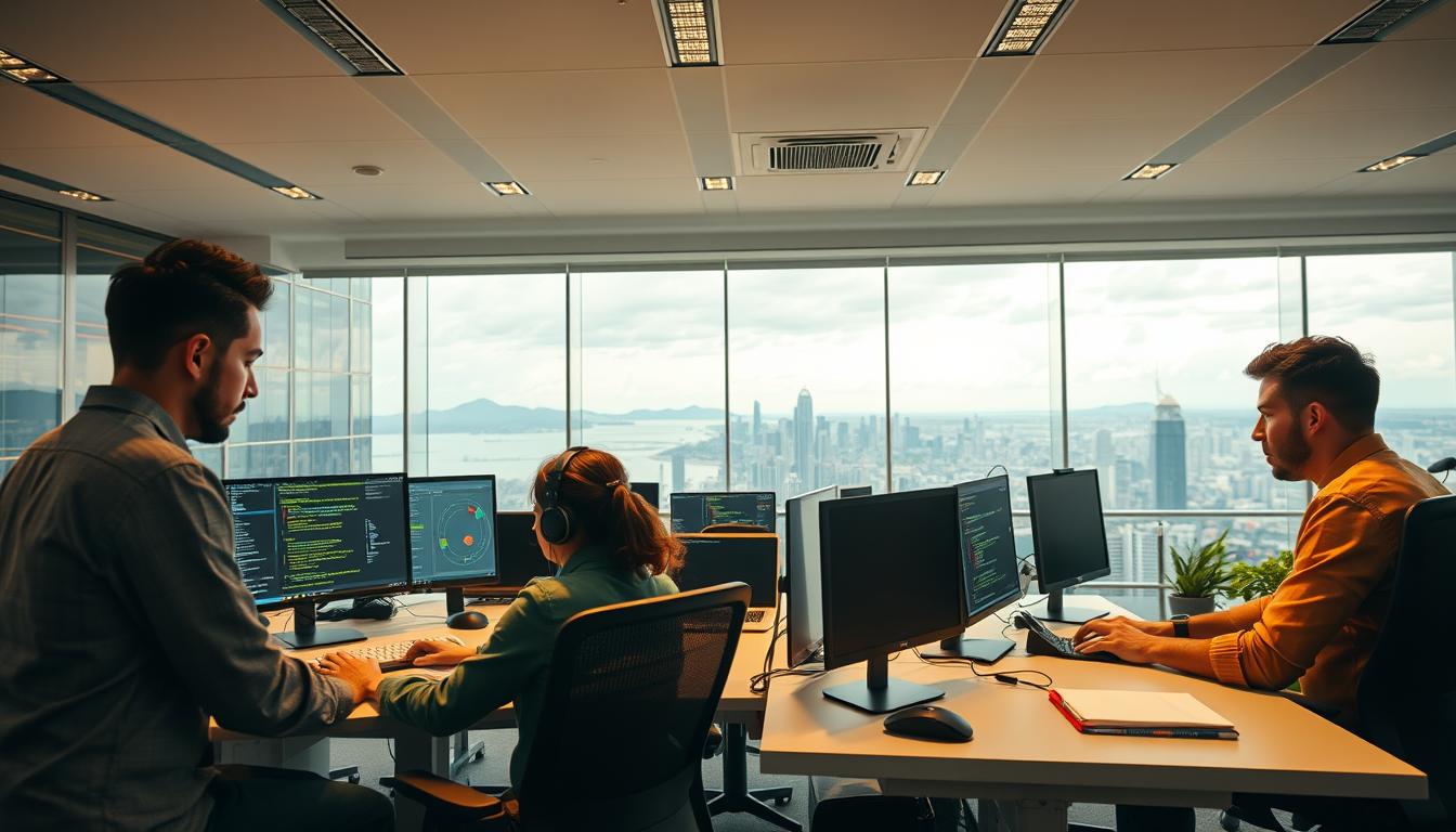 A dynamic scene of offshore collaboration unfolds, showcasing the benefits of distributed full-stack teams. In the foreground, developers from diverse backgrounds work in tandem, their screens displaying intricate lines of code and interconnected diagrams. The middle ground features a sleek, modern office space, complete with ergonomic workstations and vibrant splashes of color, fostering a collaborative and productive atmosphere. In the background, a panoramic view of a bustling coastal city skyline, symbolizing the global reach and connectivity of the offshore partnership. Warm, diffused lighting casts a sense of unity and shared purpose, while a wide-angle lens captures the seamless integration of remote and local talent. The overall mood exudes efficiency, innovation, and the power of cross-cultural cooperation.
