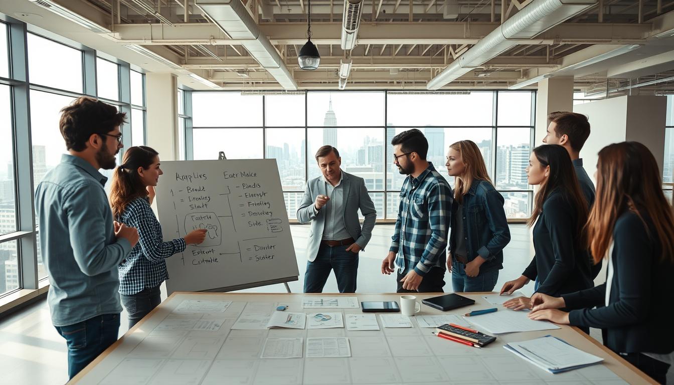A dynamic team structure for scaling a SaaS business, captured with a cinematic wide-angle lens. In the foreground, a group of software engineers, product managers, and designers collaborate at a large whiteboard, sketching out new features and discussing strategies. In the middle ground, a project manager oversees the team's progress, coordinating tasks and deadlines. The background reveals an open office space with high ceilings, ample natural light, and a panoramic city skyline visible through floor-to-ceiling windows, conveying a sense of scale, growth, and ambition. The overall mood is one of focused intensity, creative energy, and a shared commitment to driving the SaaS platform forward.