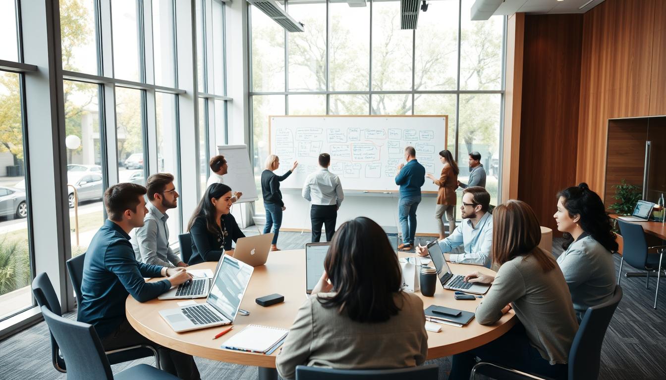 A large conference room with floor-to-ceiling windows, allowing natural light to flood the space. In the foreground, a group of professionals engaged in a collaborative discussion, gathered around a circular table equipped with laptops and notepads. The middle ground features a whiteboard filled with diagrams and notes, illustrating the onboarding and training process. In the background, a team-building exercise is taking place, with employees engaged in a problem-solving activity. The scene is characterized by a warm, professional atmosphere, conveying the importance of effectively onboarding and training dedicated teams for project success.