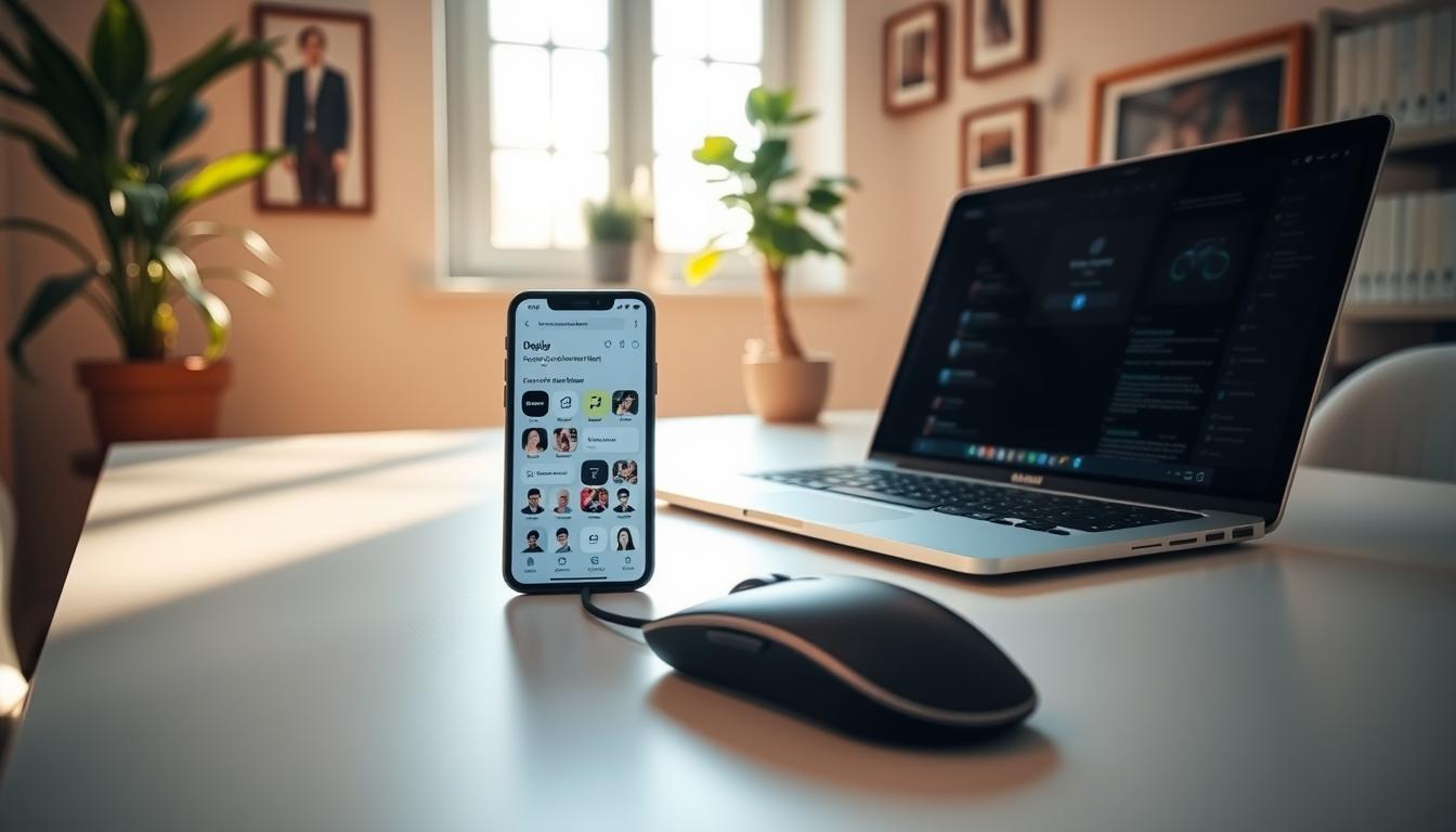 A minimalist home office setup with a laptop, a sleek mouse, and a smartphone showcasing collaborative apps. The workspace is bathed in warm, natural lighting from a large window, lending a cozy and productive atmosphere. The desk surface is clean and uncluttered, allowing the tools to take center stage. In the background, a plant and a few framed artworks add a touch of personality, creating a balanced and visually appealing scene that captures the essence of remote collaboration for startup development.