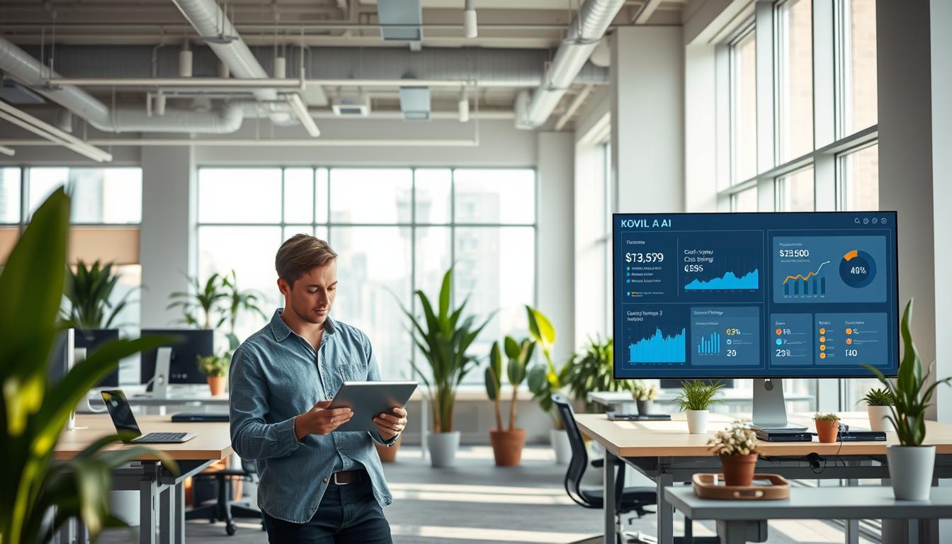 A modern office interior with sleek, minimalist workstations and minimalist decor. In the foreground, two colleagues are collaborating intently on a tablet, their expressions focused and engaged. The middle ground features an array of potted plants and natural lighting filtering in through large windows, creating a serene, productive atmosphere. In the background, a digital display showcases a Kovil AI dashboard, highlighting cost-saving metrics and optimization strategies. The overall scene conveys a sense of efficient, cost-effective development powered by Kovil AI's smart technology solutions.
