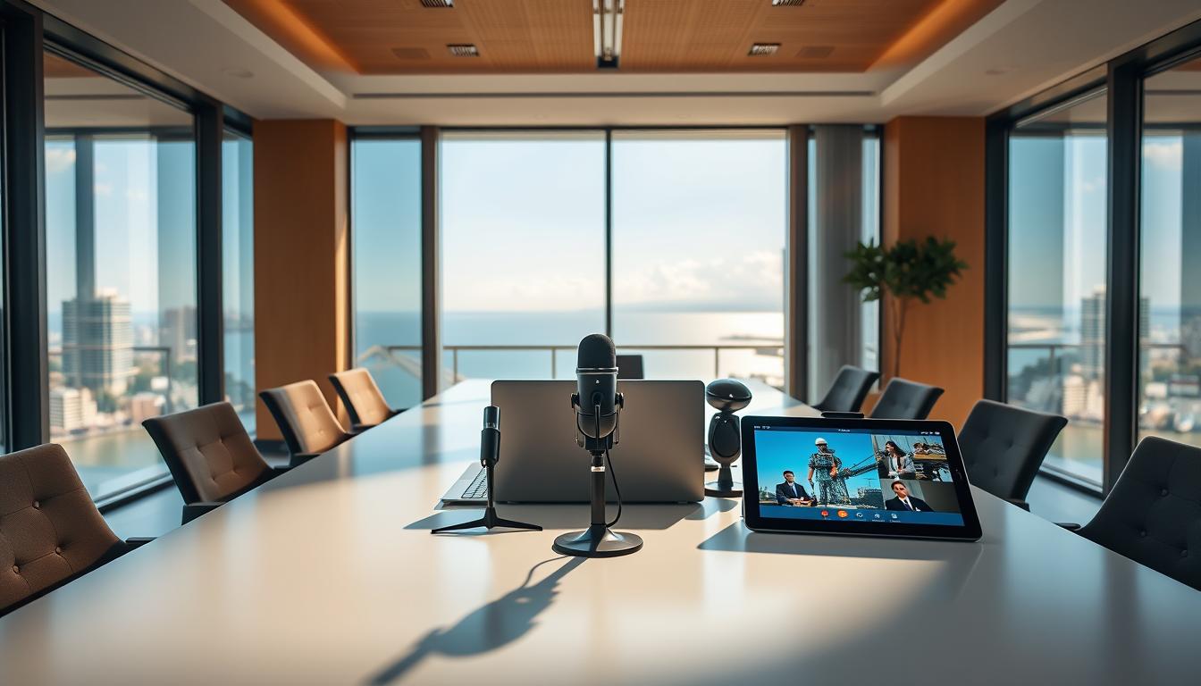 A modern, well-lit office interior with a large conference table in the middle ground. On the table, a variety of communication tools are neatly arranged - a sleek laptop, a high-quality webcam, a professional-grade microphone, and a tablet displaying a video conferencing app. The background features floor-to-ceiling windows overlooking a coastal cityscape, with a glimpse of a distant offshore horizon. Warm, natural lighting filters in, creating a productive and collaborative atmosphere. The scene conveys a sense of efficiency, seamless remote connectivity, and a dedication to effective communication between an onshore team and their offshore counterparts.