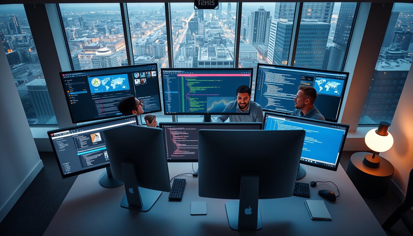 A remote team of software developers collaborating over a virtual workspace. In the foreground, a sleek, modern desk with multiple monitors displaying real-time project dashboards, video conferencing windows, and code editors. In the middle ground, the developers, their faces illuminated by the glow of their screens, engaged in animated discussions. The background features a minimalist office interior with large windows overlooking a bustling cityscape. Soft, directional lighting casts a warm, productive atmosphere, while the camera angle suggests an overhead perspective, capturing the seamless integration of technology and human interaction in the remote development workflow.