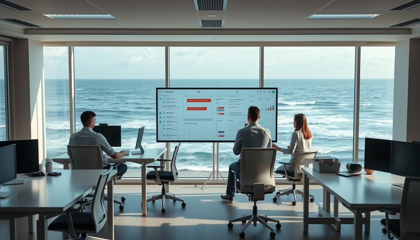 A serene coastal office setting, with a team of offshore developers collaborating on a large project management board. The foreground features clean desks, ergonomic chairs, and modern computer equipment, while the middle ground showcases a digital whiteboard displaying Gantt charts, KPIs, and team progress. In the background, panoramic windows offer a breathtaking view of the open ocean, with waves gently lapping against the shore. Soft, diffused lighting creates a calming atmosphere, and the overall composition conveys a sense of efficiency, organization, and tranquility - the hallmarks of a well-executed offshore project management strategy.