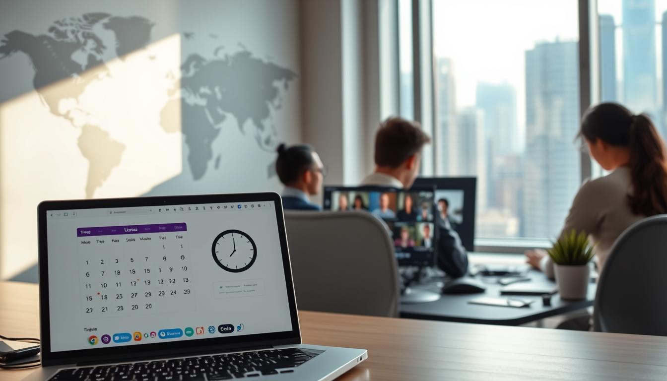 A serene workspace with a world map on the wall, representing time zones. In the foreground, a laptop displaying a calendar and clock, symbolizing productivity and collaboration across different time zones. The middle ground features a team of diverse developers working together, their screens displaying code and video calls. In the background, a window overlooking a bustling city skyline, suggesting the global reach and connectivity enabled by time zone advantages. The lighting is soft and natural, creating a calming, focused atmosphere. A sense of harmony, efficiency, and global collaboration permeates the scene.