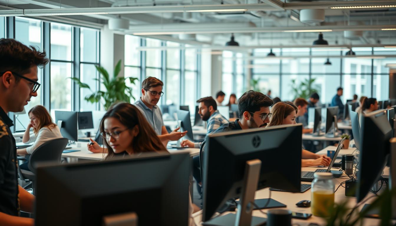 A shared workspace buzzing with collaborative energy, where a diverse team of software engineers work in harmony. The foreground features a group of programmers intently focused on their screens, their expressions animated as they discuss lines of code. The middle ground showcases an open-concept layout with ergonomic desks and task-oriented furniture, fostering a sense of togetherness. In the background, floor-to-ceiling windows flood the space with natural light, creating a bright and airy atmosphere. Subtle mood lighting and modern decor lend a sleek, professional ambiance. This is a space designed to facilitate seamless teamwork, encouraging open communication, and cultivating a culture of innovation.