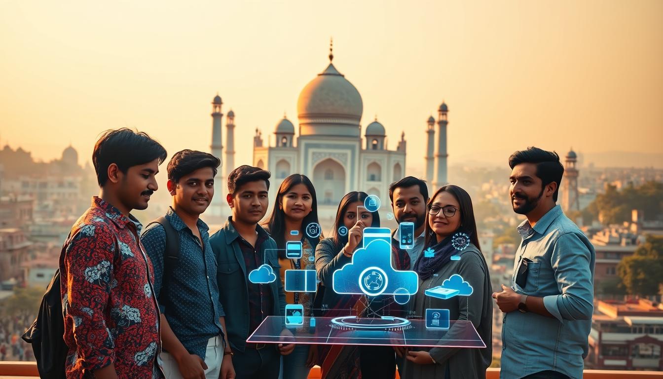A vibrant and bustling cityscape, with the iconic Taj Mahal standing tall in the background, its domes and minarets silhouetted against a warm, golden sky. In the foreground, a group of young, talented Indian tech professionals, their faces alight with determination and innovation, gather around a large, futuristic-looking holographic display. The display showcases a range of cutting-edge technologies, from sleek, AI-powered devices to seamless, cloud-based software solutions. The scene is bathed in a soft, diffused light, creating a sense of energy and optimism, as these visionary individuals shape the future of tech trends, poised to lead the industry into new realms of possibility.