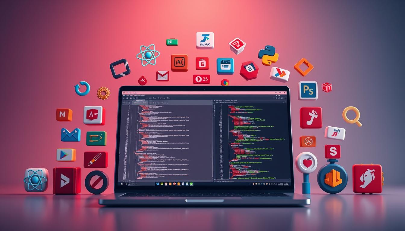 A vibrant and dynamic array of full stack development technologies displayed in a sleek, modern composition. In the foreground, a laptop displays code snippets and a web browser window showcasing a responsive design. Surrounding it, an organized array of icons representing key tools and frameworks such as React, Node.js, Python, SQL, Git, and more, all rendered in a crisp, high-resolution 3D style with a subtle depth of field effect. The background features a minimalist gradient backdrop, creating a clean and professional atmosphere to highlight the seamless integration of these essential full stack development elements.
