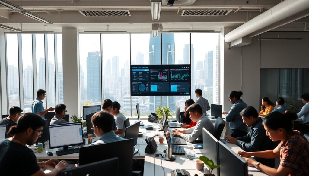 An expansive office space, sunlit and bustling with activity. In the foreground, a diverse team of talented full-stack developers collaborating at their desks, faces intent as they code and design. In the middle ground, a wall-mounted display showcases their impressive work, sleek user interfaces and feature-rich applications. The background reveals the dynamic cityscape of India, skyscrapers and modern architecture setting the stage for this thriving tech hub. The mood is one of productivity, innovation, and a palpable sense of potential - a visual representation of why India is becoming the premier destination for full-stack development.