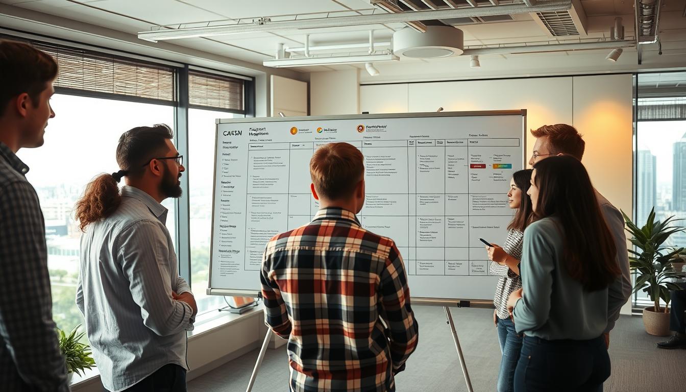 An office workspace with a team of offshore developers collaborating on a project management whiteboard. The foreground features a diverse group of people, each with a distinct role and personality, engaged in active discussion. The middle ground showcases a large, interactive whiteboard displaying Gantt charts, task lists, and project timelines. The background depicts a modern, well-lit office environment with clean lines, minimalist decor, and large windows overlooking a cityscape. The lighting is warm and natural, creating a productive and focused atmosphere. The overall scene conveys a sense of coordination, problem-solving, and effective communication among the offshore team members.